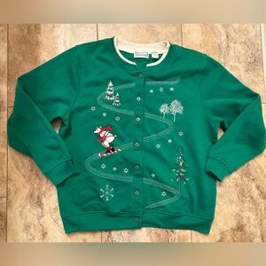 Shenanigans Skiing Polar Bear Green Button Up Fleece Cardigan Women’s Large